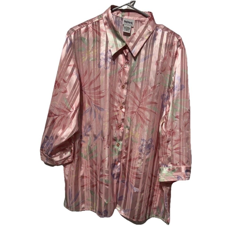 BonWorth Blouse Pink Purple Gold Floral Satin Semi Sheer Size Large Vintage